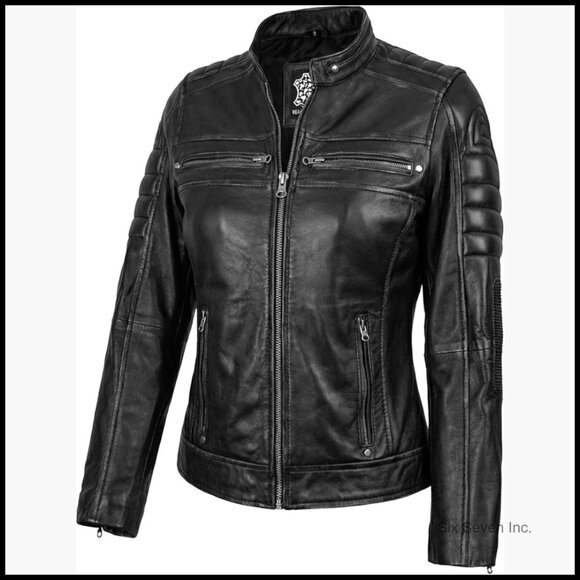 Real Lambskin Leather Jacket Motorcycle Style Stand Collar